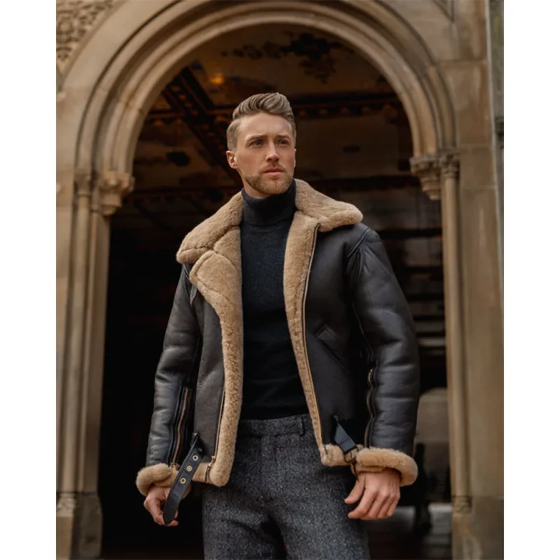 mens leather shearling jacket-shearling collar jacket-black leather shearling jacket-sheepskin flying jacket-sheepskin jacket mens-shearling aviator jacket-shearling leather jacket-men's real shearling jacket