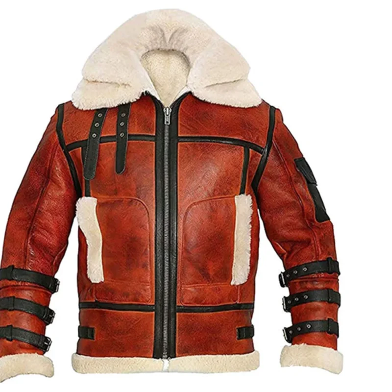 b6 bomber jacket-sheepskin bomber jacket-raf aviator jacket-fur collar leather jacket-red b6 bomber jacket-b6 bomber