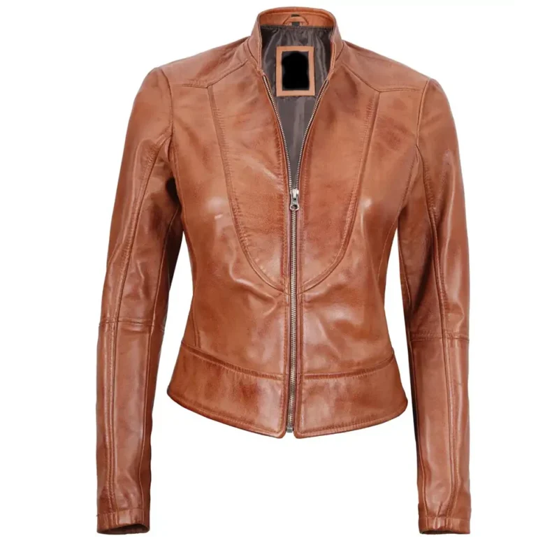 Women's-Elegant-Brown-Lambskin-Leather-Racer-Jacket-womens leather jackets-brown leather jacket womens-leather brown jacket for women-cafe racer leather jacket-womens leather racer jacket-racer moto jacket